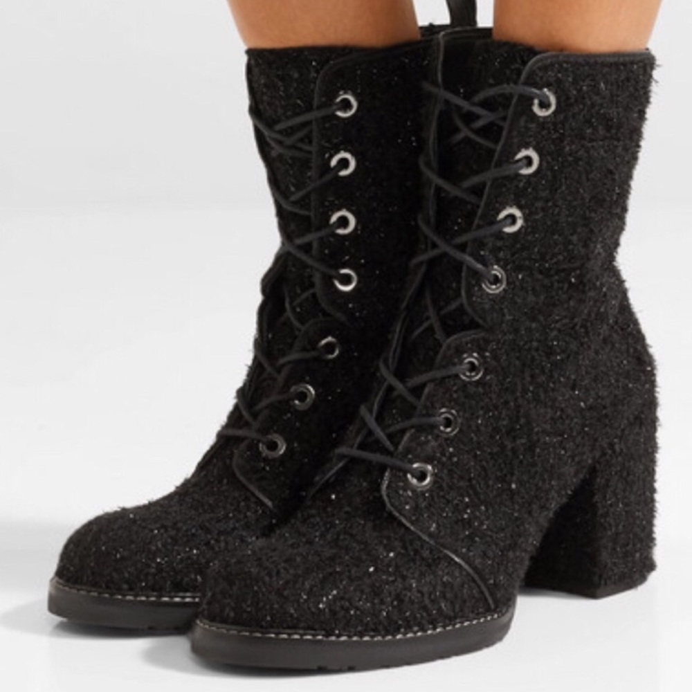 Stuart Weitzman Black Tweed Lace-Up Block Heel Boots